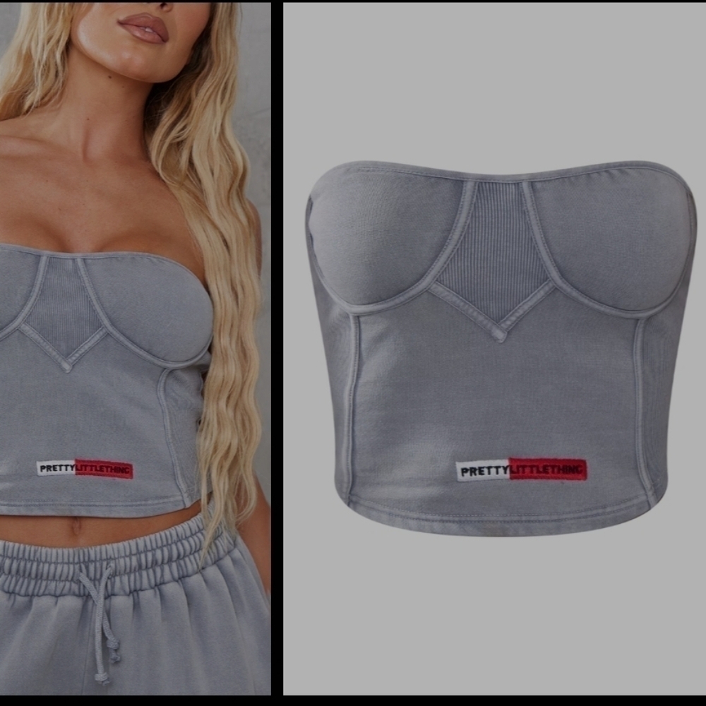 PRETTYLITTLETHING Grey Washed Rib Panel Bandeau Corset Top. Size Large. New.